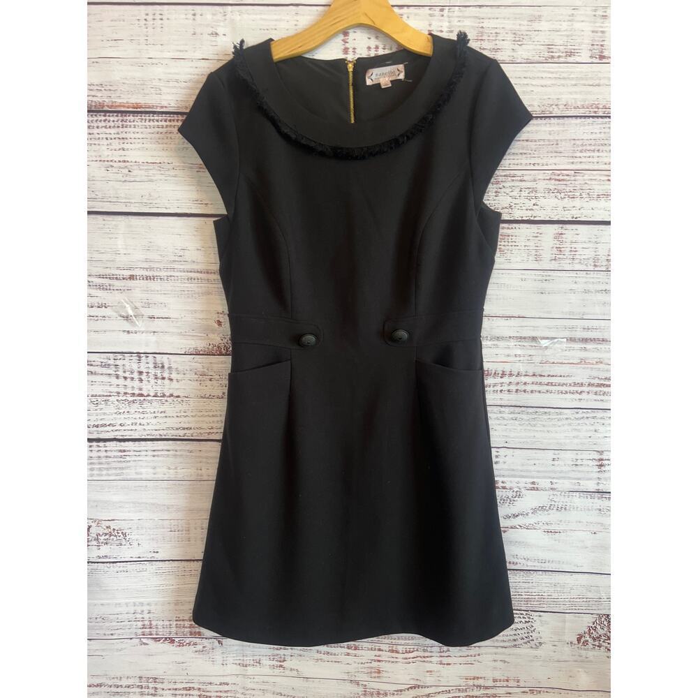 NANETTE LAPORE CREW NECK CAP SLEEVE BLACK SHEATH DRESS FRONT POCKETS BLACK 12